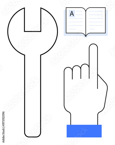 Education, technical tools, guidance, knowledge sharing, skill development, tutorials. A wrench, a pointing hand and an open book with an A. Education and technical tools concept