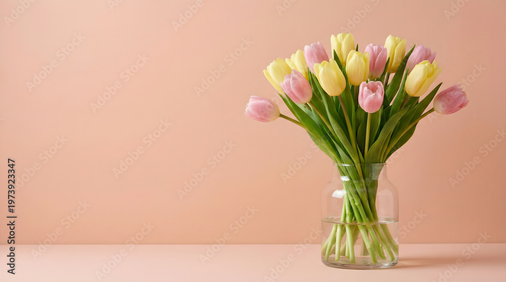 Fototapeta premium Pink and Yellow Tulips in Glass Vase on Peach Background