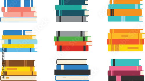 Flat Book Stack Collection with Colorful Hardcover and Paperback Arrangements Education Library Vector Set Isolated on White Background