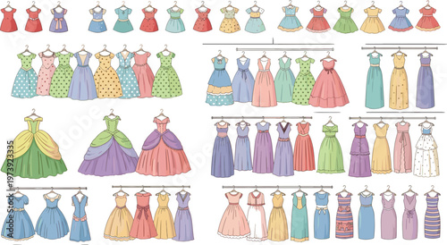 Elegant Women Dress Collection with Vintage Gowns and Fashion Styles Clothing Illustration Vector Set Isolated on White Background