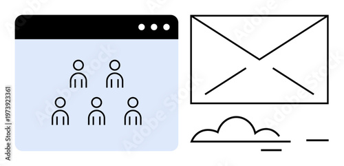 Email marketing, teamwork, virtual networking, online communication, collaboration tools, cloud storage. Web browser with user icons, envelope and cloud symbols. Email marketing and teamwork concept
