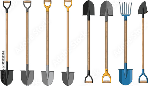 Garden Shovel and Hand Tool Vector Set Featuring Different Spades Rakes and Digging Equipment for Farming and Gardening Isolated on White Background