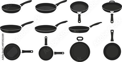 Frying Pan Collection with Different Angles and Styles Kitchen Cookware Utensil Silhouette Vector Set Isolated on White Background