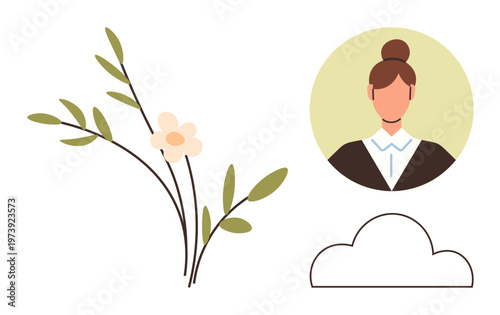 Personal identity, nature, environment, media profiles, digital connections, cloud storage. A branch with floral details, a female avatar and a basic cloud icon. Personal identity and nature