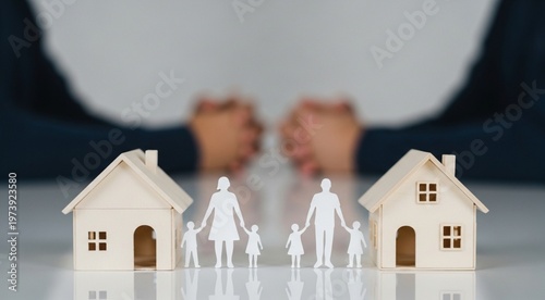 A conceptual scene of divorce or family separation, showing two miniature houses placed apart on a reflective surface. In front of each house stand white paper-cut silhouettes of a parent and child