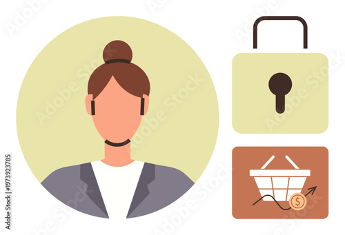 Digital security, e-commerce, online shopping, identity protection, cybersecurity, financial growth. Image of a user profile, padlock and shopping cart. Digital security and e-commerce theme