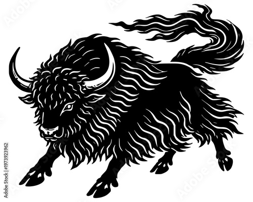 High-contrast vector-style drawing of a charging bovine, such as a yak or bull. Features intricate line work depicting shaggy, flowing fur and a dynamic, forward-leaning pose.