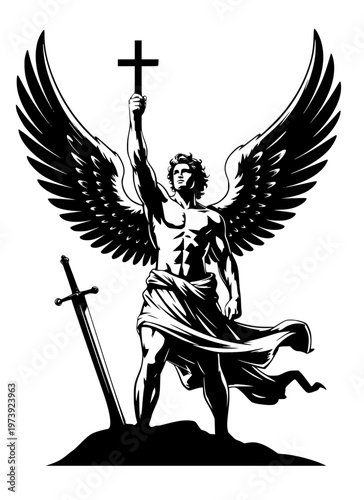 Powerful archangel warrior raising cross with massive wings spread wide and sword beside, muscular divine guardian bold black ink illustration isolated on background