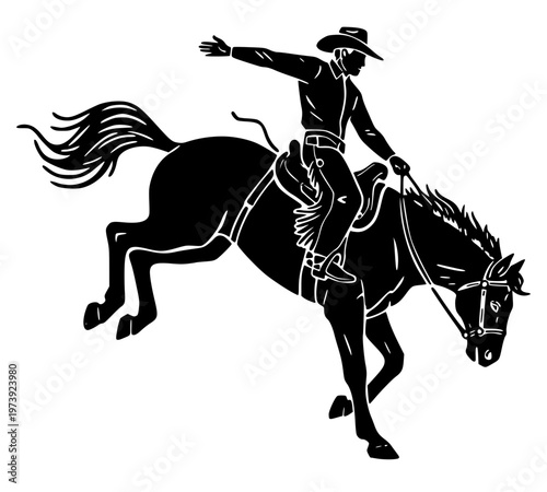 High-contrast graphic of a western cowboy wearing a hat and chaps, balancing on a wild horse. Clean, modern vector art capturing the energy of a rodeo or ranch life.