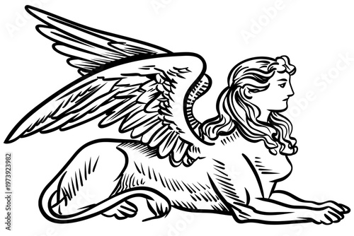 High-contrast vector-style drawing of a Sphinx in a reclining pose. Features intricate feather details on large wings and a serene facial expression. Ideal for history, mythology, riddle-themed design