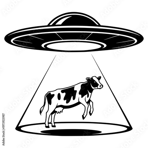 A minimalist and humorous graphic depicting a classic flying saucer hovering over a floating cow