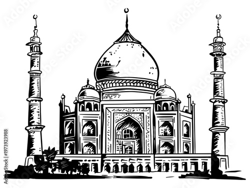Detailed black line art of the Taj Mahal. Classical architectural illustration of the famous Indian landmark and mausoleum.