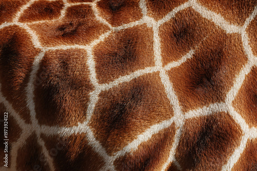 Close-up of giraffe hide with detailed brown and white patterns. Furry texture highlights natural, irregular geometric markings. Wildlife photography captures the animal's unique skin design