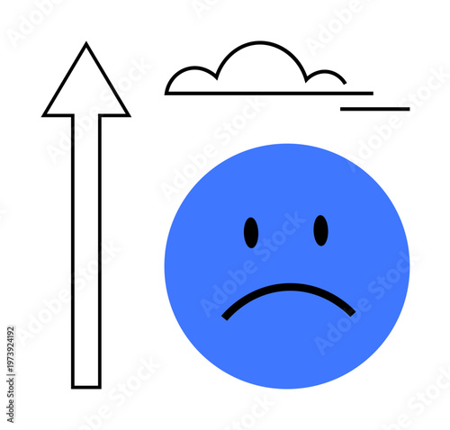 Mental health, motivation, emotional growth, change, overcoming challenges, decision-making. A sad blue face next to a rising arrow and a cloud. Emotional growth and motivation concept