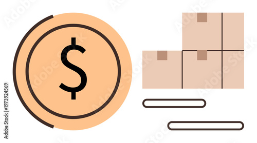 E-commerce, logistics, financial transactions, online shopping, package delivery, business operations. Dollar sign next to stacked boxes. E-commerce and logistics concepts visually