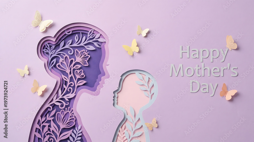Fototapeta premium Mother and Child Paper Cutout Silhouette with Butterflies - Happy Mother's Day