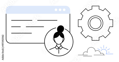 Team management, workflow automation, business tools, process improvement, user interface, technology development. A browser window, gear profile icon and cloud. Team management and workflow