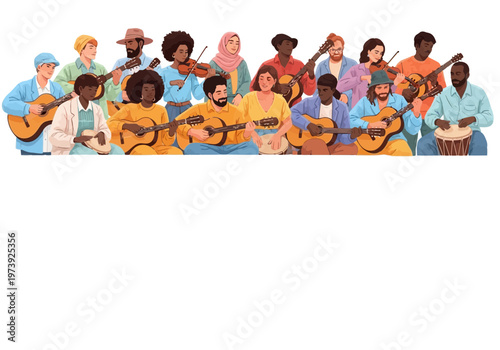 Diverse group of musicians playing various acoustic instruments