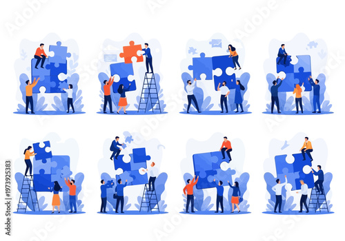 Business team working together to solve a puzzle