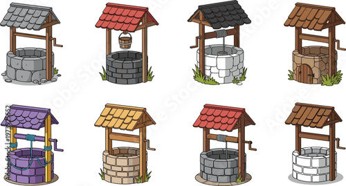 Hand Drawn Water Well Collection with Wooden Roof and Stone Base Rustic Village Illustration Set Isolated on White Background
