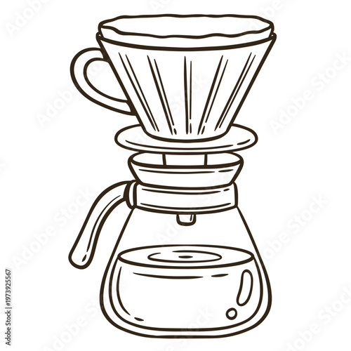 Hand drawn line art of a pour over coffee maker and glass carafe
