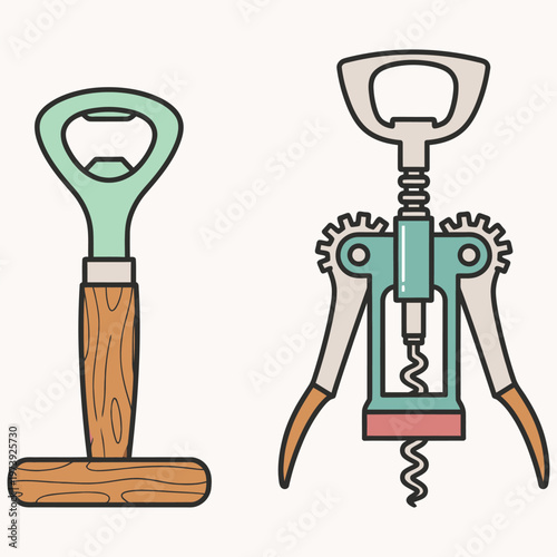 Flat vector illustration of a manual bottle opener and mechanical corkscrew with wooden elements.