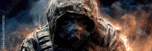 Shadowy figure cloaked in ash and fire. Face obscured, eyes glow with hidden rage. Armor cracked, smoke swirls around the shoulders. Fierce intensity radiates from the armored form