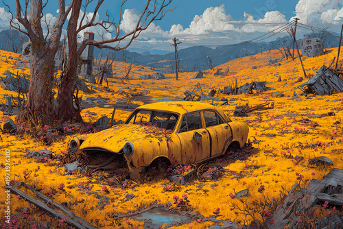 Yellow car lies broken in golden wasteland. Bare trees stand silent against a cloudy sky. Distant mountains loom in the faded horizon. Abandoned structures dot the desolate landscape