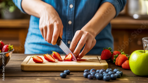 Woman cutting strawberries on wooden board with fruit