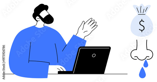 Finance, business strategy, online earnings, personal growth, communication, productivity. A man with a laptop gestures beside symbols of monetary wealth and expense. Finance and online earnings