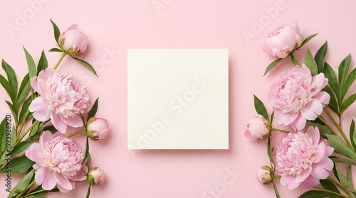 Pink Peonies and Blank Square Card on Pastel Background