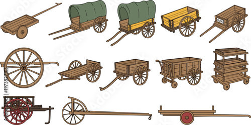 Vintage Wooden Cart and Wagon Vector Set Featuring Hand Drawn Farm Transport Equipment and Antique Rural Vehicles Isolated on White Background