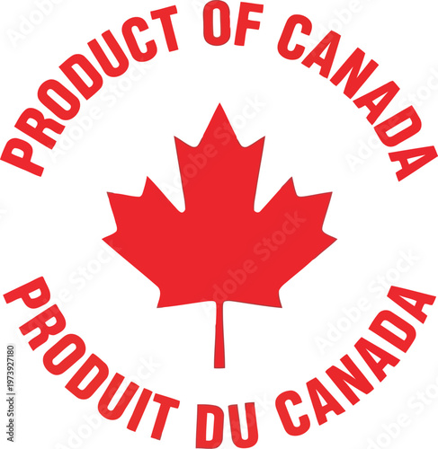 Product of Canada Label with Red Maple Leaf Symbol for Packaging Design and Branding Identity