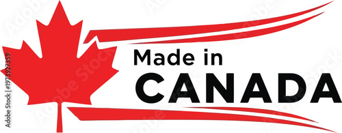 Made in Canada label with red maple leaf icon and swoosh design for product packaging