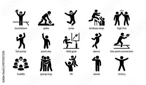 Football celebration icons set with touchdown, spike, jump, and lambeau leap actions