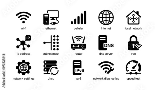 Network technology icons: wi-fi, ethernet, cellular, internet, local network