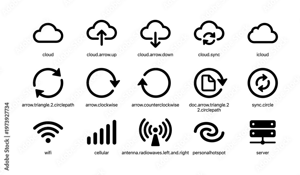 Obraz premium Cloud and sync icons set with arrow, circular paths, and connectivity symbols
