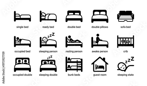 Variety of bed and sleep icons: single, double, sofa, crib, sleeping poses and houses