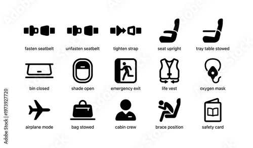 Airplane safety icons: fasten seatbelt, seat upright, emergency exit, life vest, oxygen mask