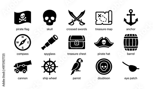 Pirate icons: skull, swords, map, anchor, compass, parrot, treasure, cannon