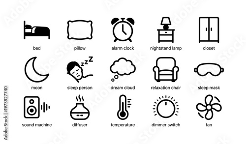 Sleep and relaxation icons: bed, pillow, alarm clock, lamp, closet, moon, sleep mask