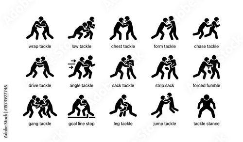 American football tackling techniques illustrated in icon set