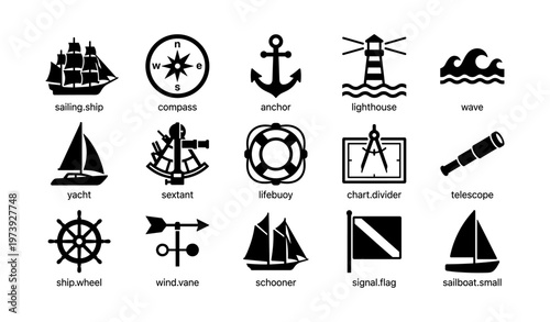 Nautical symbols and equipment collection including ship, compass, anchor, lighthouse, wave