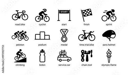 Cycling icons collection: road bike, cyclist, race elements and gear symbols