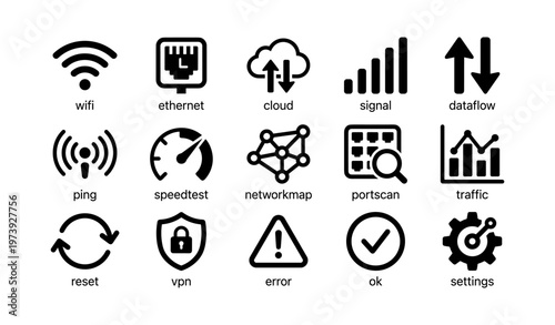 Network icons set: wifi, ethernet, cloud, signal, dataflow, ping, speedtest, networkmap, portscan, traffic, reset, vpn, error, ok, settings