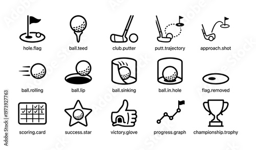 Golf icons set illustrating putt, flag, ball sinking, and victory trophy