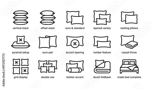 Various pillow arrangements and bedding styles for interior design