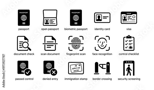 Passport and security icons: travel, verification, identity, immigration, control