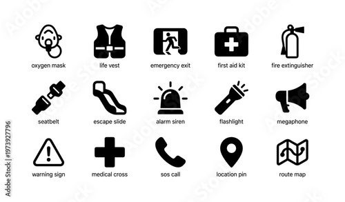 Emergency icons set: safety equipment and signs collection