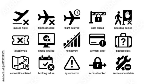 Airline travel issue icons: flight delays, cancellations, system errors, access blocked, boarding denied